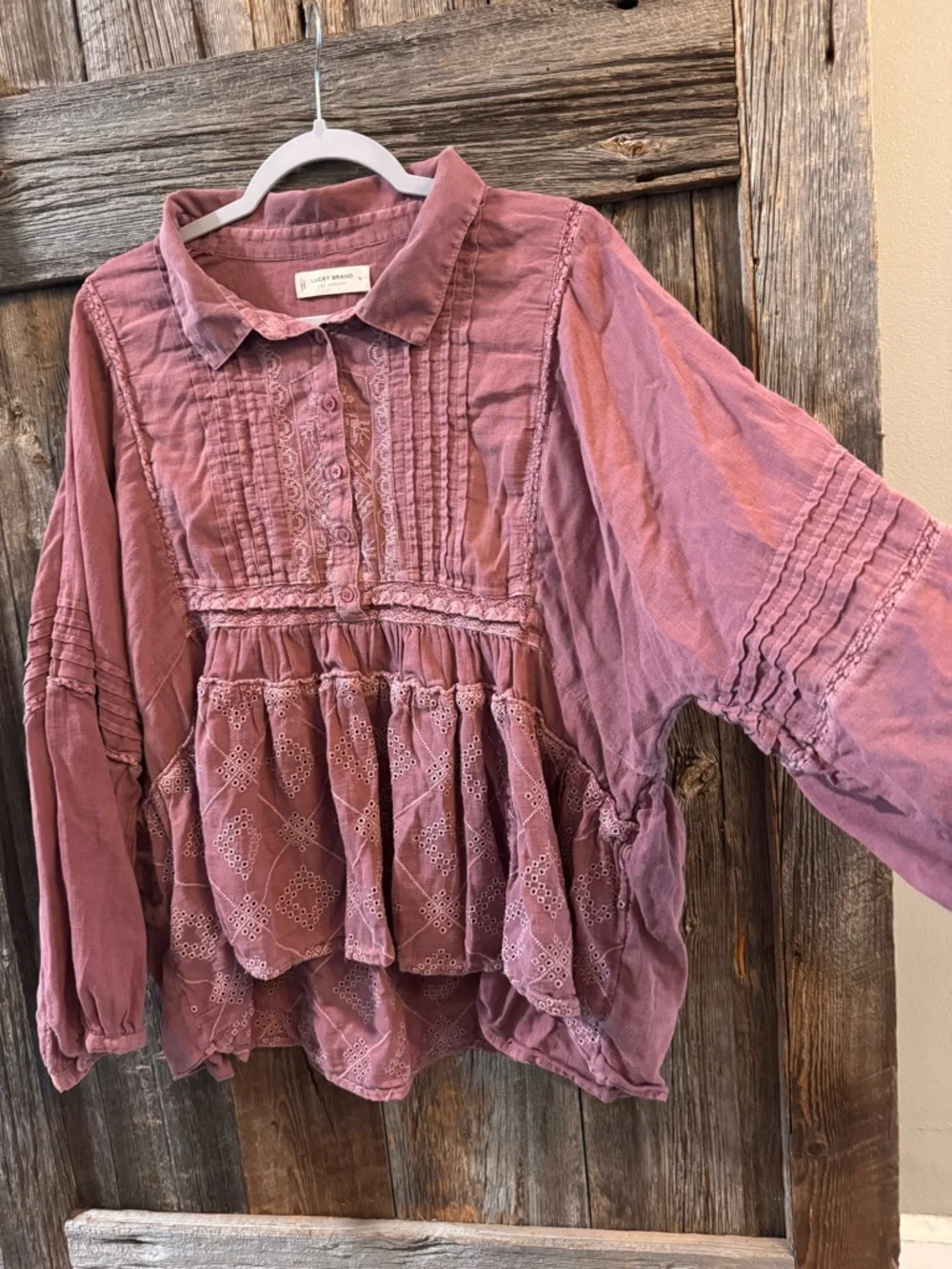 Lucky Brand Dusty Rose Boho Embroidered Peplum Top XL Oversized Eyelet Blouse - Picture 6 of 8